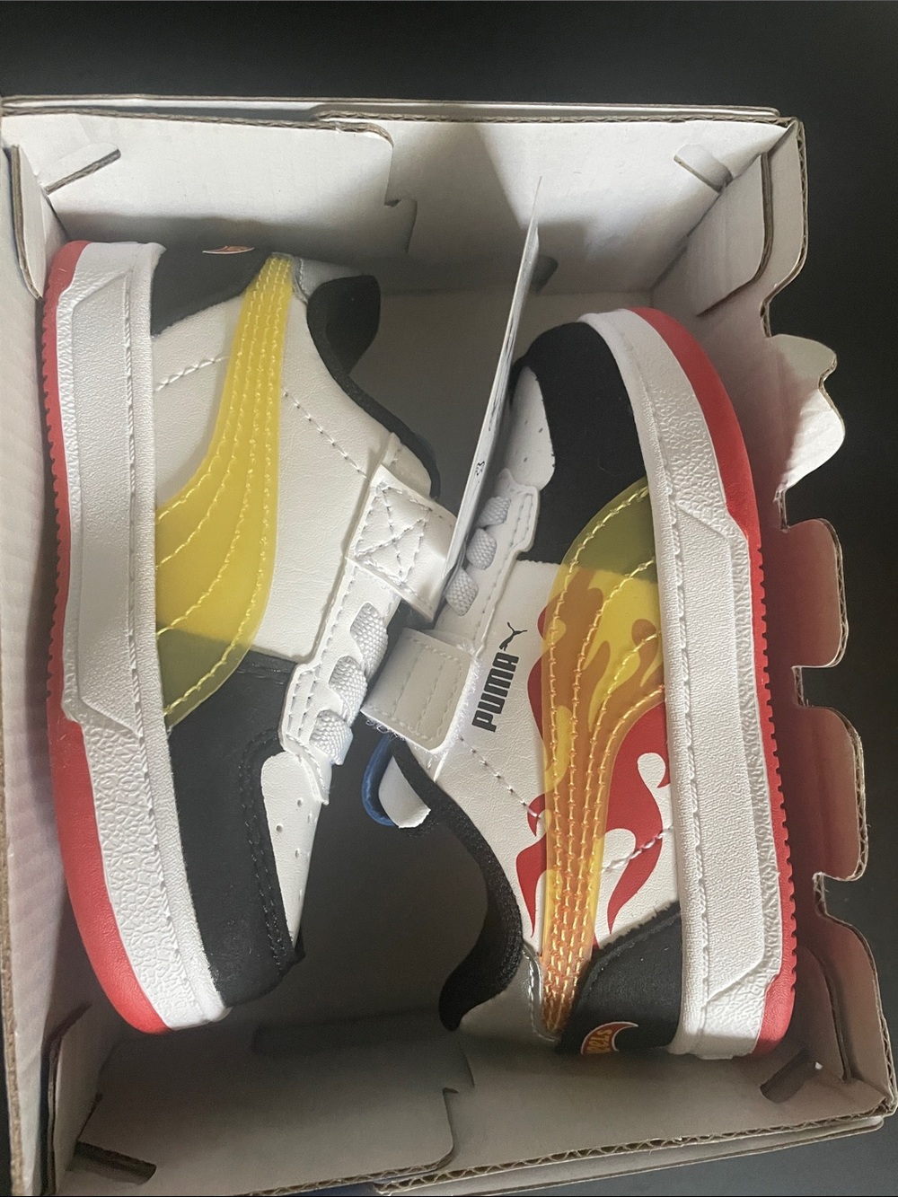 Puma Kids White, Yellow, Red & Black Flame Sneakers